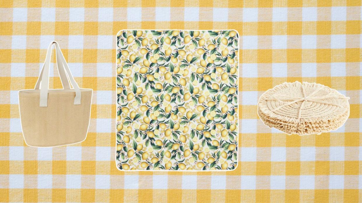  H&M Home accessories for picnics including a basket and blanket and coasters on a yellow gingham background. 