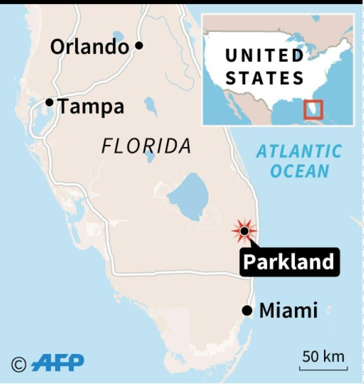 Map locating Parkland, Florida, where at least 17 people were killed in a shooting at a high school