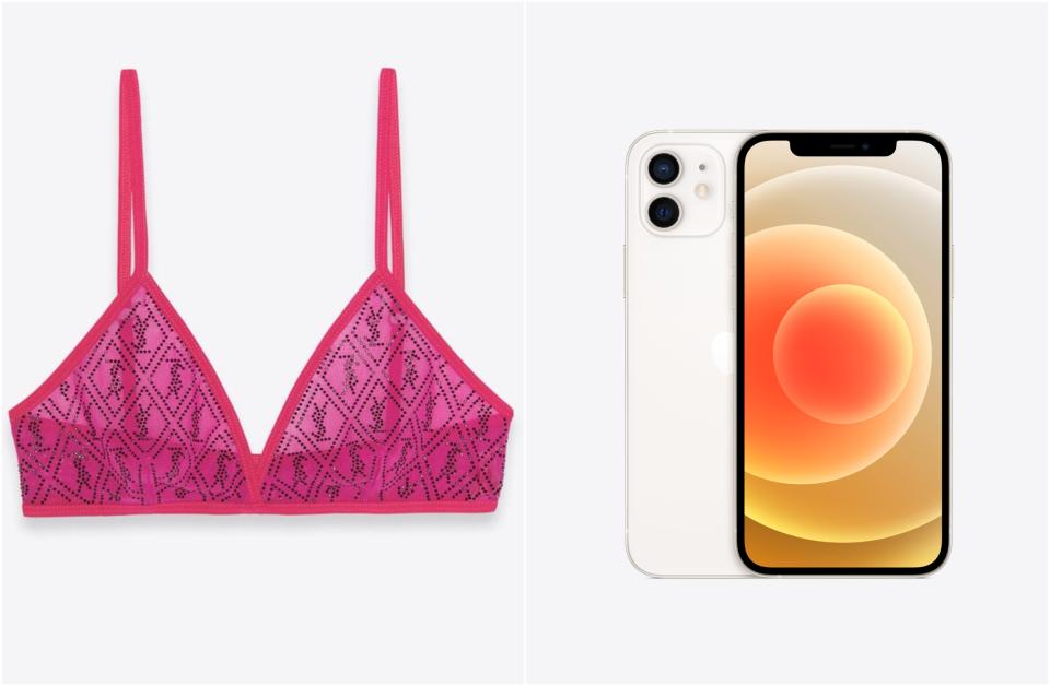 <p>El iPhone 12 más caro (el modelo de 256 gigas) cuesta 979 euros en la página oficial de Apple España. Sin embargo, para comprar el sujetador rosa de la imagen, necesitarás más dinero. Y es que Saint Laurent vende esta pieza de ropa interior por 990 euros. (Foto: <a href="https://www.ysl.com/es-es/lingerie/sujetador-con-monograma-de-punto-y-tul-con-bisuter%C3%ADa-676132Y36DR5584.html" rel="nofollow noopener" target="_blank" data-ylk="slk:Saint Laurent" class="link ">Saint Laurent </a>/ <a href="https://www.apple.com/es/shop/buy-iphone/iphone-12" rel="nofollow noopener" target="_blank" data-ylk="slk:Apple" class="link ">Apple</a>)</p> 