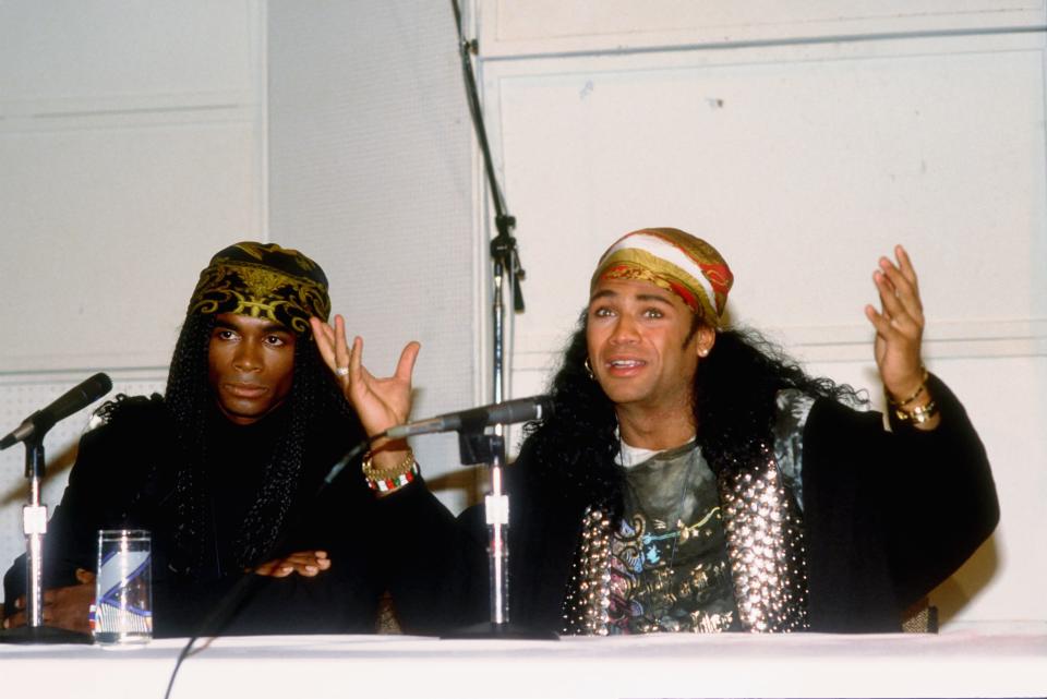 Fabrice Morvan and Rob Pilatus attend a press conference during which they admit that they were not the real singers for the group Milli Vanilli and plan to return their Grammy Awards for Best New Artist, on Nov 20, 1990 in Los Angeles. (Michael Ochs Archives/Getty Images)