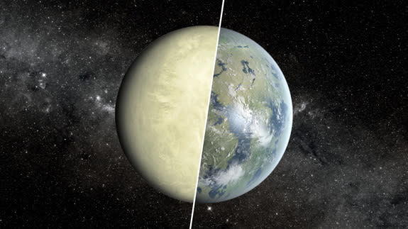 Despite being about the same size, Earth (represented by the right half of this image) and Venus (the left half), have vastly different temperatures and other surface conditions.