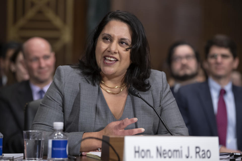 Neomi Rao, President Donald Trump's nominee for a seat on the D.C. Circuit Court of Appeals, appears before the Senate Judiciary Committee for her confirmation hearing, on Capitol Hill in Washington, Tuesday, Feb. 5, 2019. (AP Photo/J. Scott Applewhite)