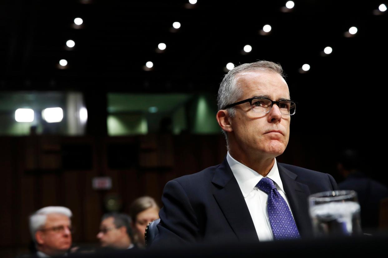 On March 16, 2018, Deputy FBI Director Andrew McCabe was fired.by Attn. General Jeff Sessions. He listens on Capitol Hill,  during the Senate Intelligence Committee hearing on major threats facing the U.S. on May 11, 2017.