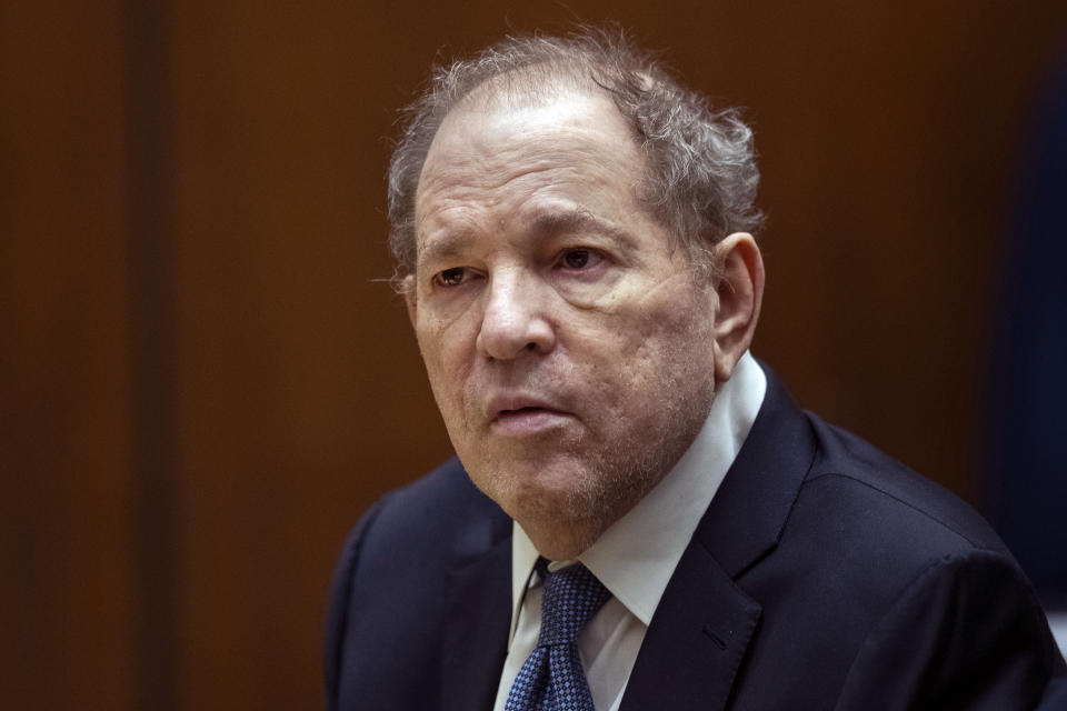 FILE - Former film producer Harvey Weinstein appears in court in Los Angeles, Oct. 4 2022. New York’s highest court has overturned Weinstein’s 2020 rape conviction and ordered a new trial. The Court of Appeals ruled Thursday, April 25, 2024 that the judge at the landmark #MeToo trial prejudiced him with improper rulings, including a decision to let women testify about allegations that weren’t part of the case. (Etienne Laurent/Pool Photo via AP, File)