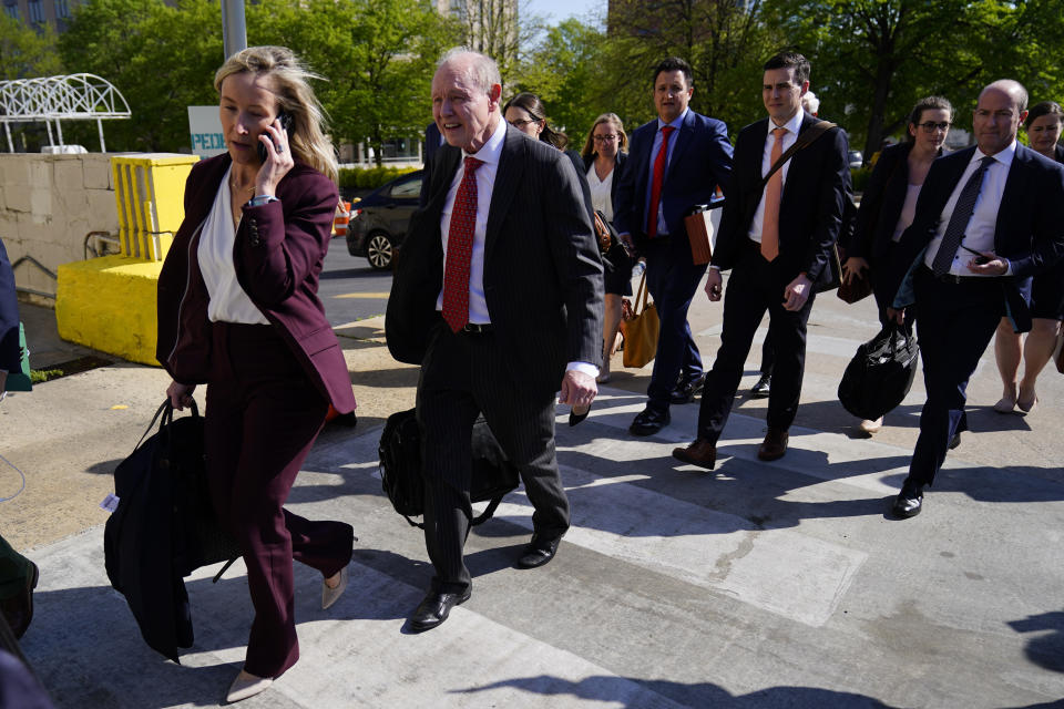 Fox News attorney Daniel Webb walks from the New Castle County Courthouse in Wilmington, Del., after the defamation lawsuit by Dominion Voting Systems against Fox News was settled just as the jury trial was set to begin, Tuesday, April 18, 2023. (AP Photo/Matt Rourke)