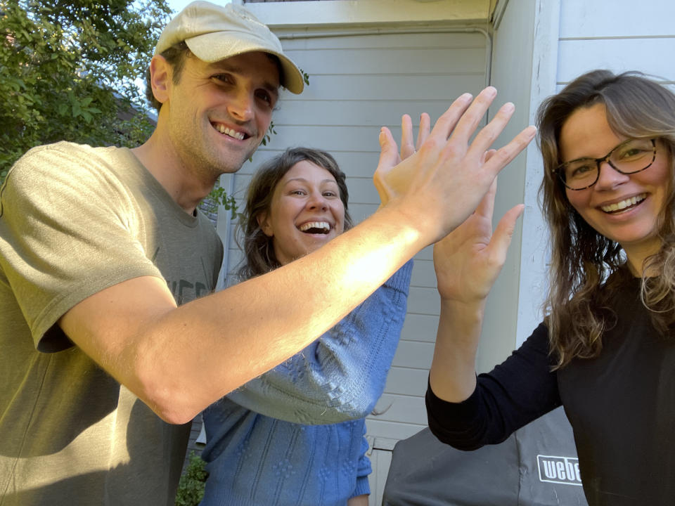 Producer Shane Boris with 'Fire of Love' director Sara Dosa (center) and editor-writer Erin Casper.