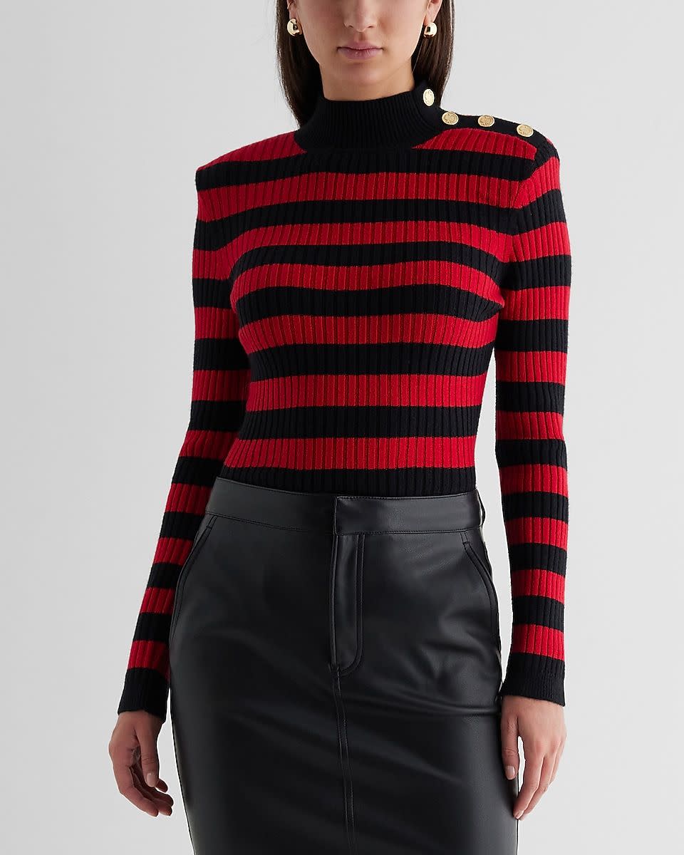 <p><a href="https://go.redirectingat.com?id=74968X1596630&url=https%3A%2F%2Fwww.express.com%2Fclothing%2Fwomen%2Fstriped-mock-neck-padded-shoulder-novelty-button-sweater%2Fpro%2F08263521%2Fcolor%2FRed%2520Stripe%2F&sref=https%3A%2F%2Fwww.townandcountrymag.com%2Fstyle%2Ffashion-trends%2Fg61936674%2Femily-in-paris-season-4-outfits%2F" data-i13n="elm:affiliate_link;elmt:premonetized" rel="sponsored" target="_blank" data-ylk="slk:Shop Now;elm:affiliate_link;elmt:premonetized;itc:0;sec:content-canvas" class="link rapid-noclick-resp rapid-with-clickid etailiffa-link">Shop Now</a></p> <p>Striped Mock Neck Padded Shoulder Novelty Button Sweater</p> <p>express.com</p> <p>$59.99</p>