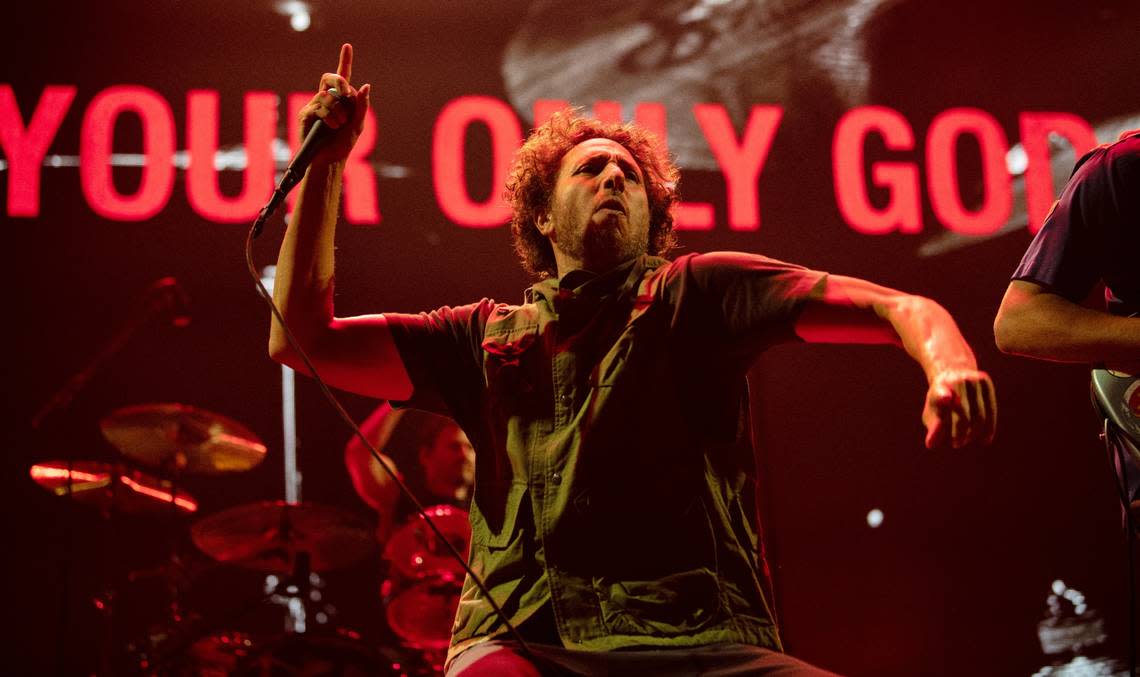 Rage Against the Machine’s Zack de la Rocha in concert, Sunday night, July 31, 2022 at Raleigh, N.C.’s PNC Arena.