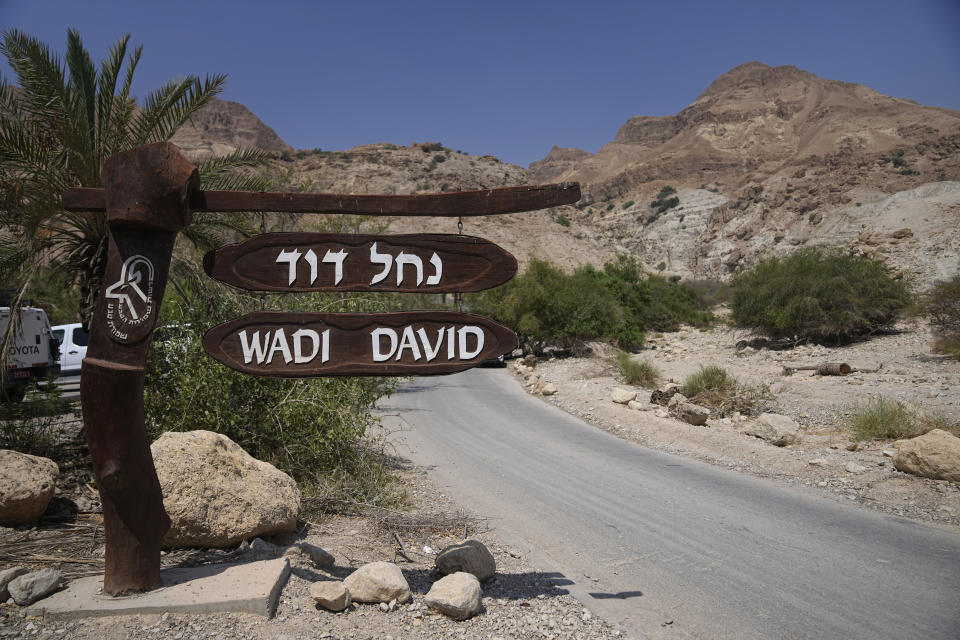 The entrance to the site of a rockslide that took place in the Ein Gedi Nature Reserve, on the western shore of the Dead Sea, a popular tourist site in Israel, Thursday, Aug. 24, 2023. An avalanche of rock tumbled down a hillside near the Dead Sea, Israeli medics said, injuring several people. (AP Photo/Ohad Zwigenberg)