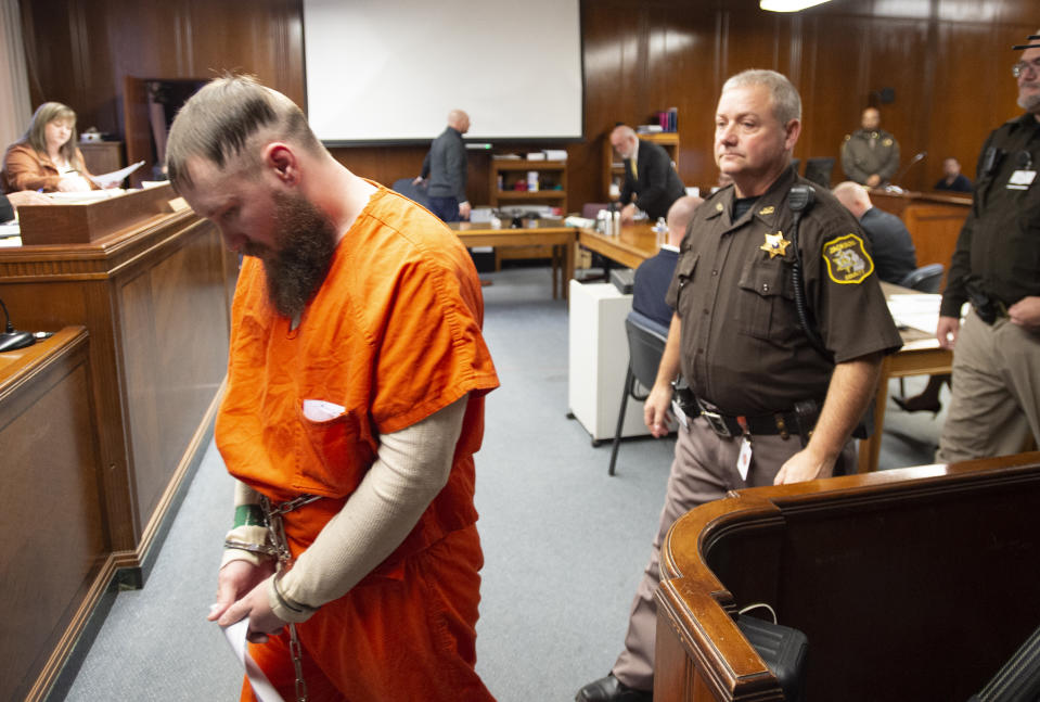 Joseph Morrison leaves the courtroom afer sentencing in front of Jackson County Circuit Court Judge Thomas Wilson on Thursday, Dec. 15, 2022 in Jackson, Mich. Paul Bellar, Joseph Morrison and Pete Musico were accused of being involved in a plot to kidnap Michigan Gov. Gretchen Whitmer. The judge on Thursday handed down the longest prison terms so far in the plot to kidnap Michigan's governor, sentencing three men who forged an early alliance with a leader of the scheme before the FBI broke it up in 2020. ( J. Scott Park/Jackson Citizen Patriot via AP)