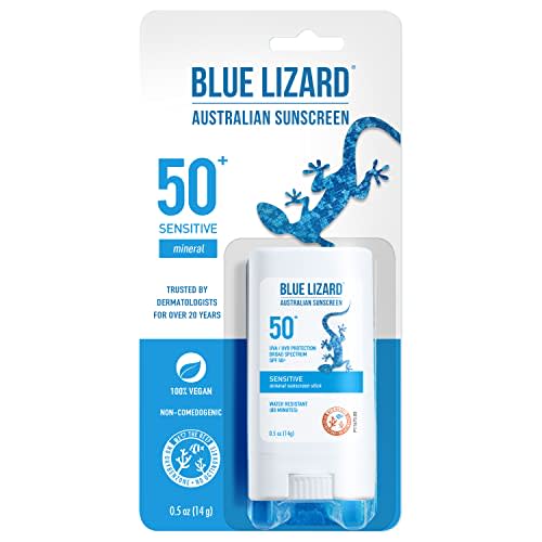 BLUE LIZARD Sensitive Mineral Sunscreen Stick with Zinc Oxide, SPF 50+, Water Resistant, UVA UVB Protection Easy to Apply, Fragrance Free, 0.5 Oz (AMAZON)