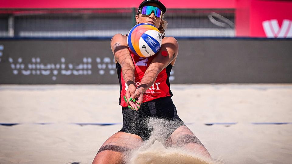 Canada's Brandie Wilkerson, pictured, collected five digs in a pair of victories Wednesday over Germany and China to open the Doha Elite16 beach volleyball event in Qatar. (Courtesy Volleyball World - image credit)
