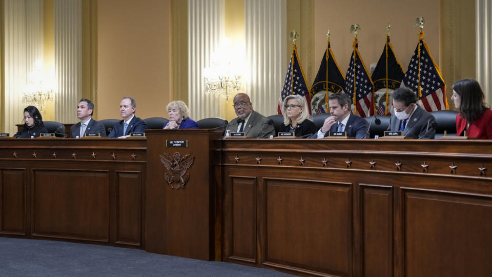 At center, Rep. Bennie Thompson (D-MS), chair of the select committee investigating the January 6 attack on the Capitol, speaks during a committee meeting on Capitol Hill on December 1, 2021 in Washington, DC. (Drew Angerer/Getty Images)