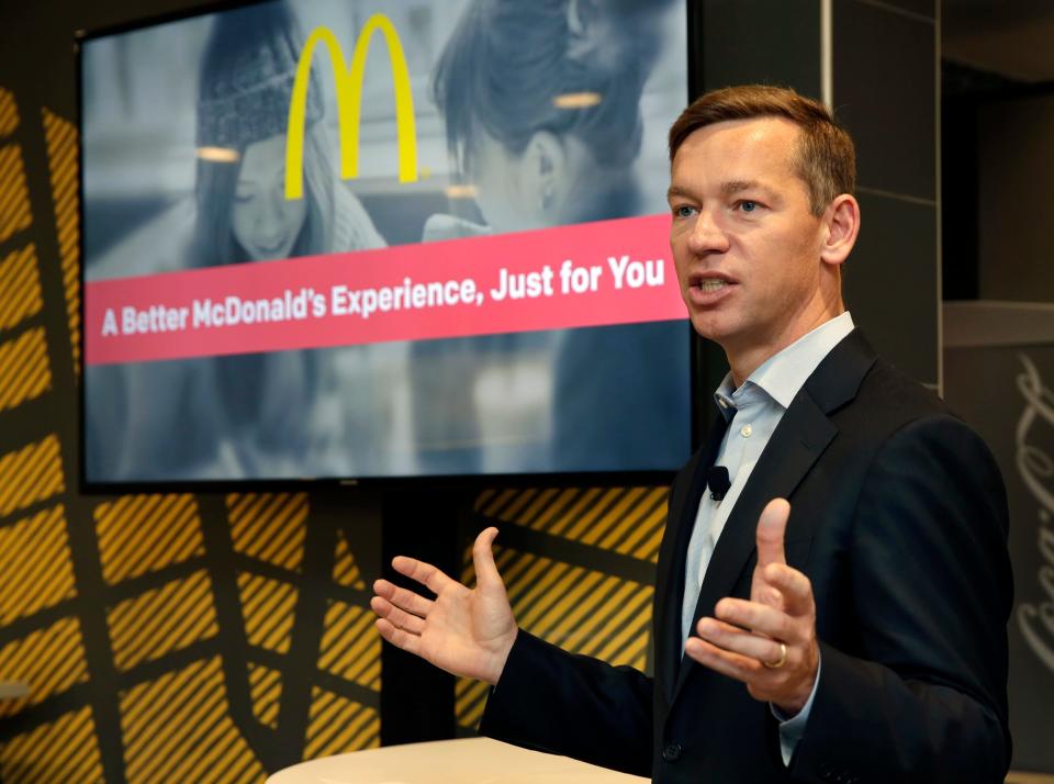 Chris Kempczinski, then-incoming president of McDonald's USA, speaks during a presentation on Nov. 17, 2016, at a McDonald's restaurant in New York's Tribeca neighborhood.