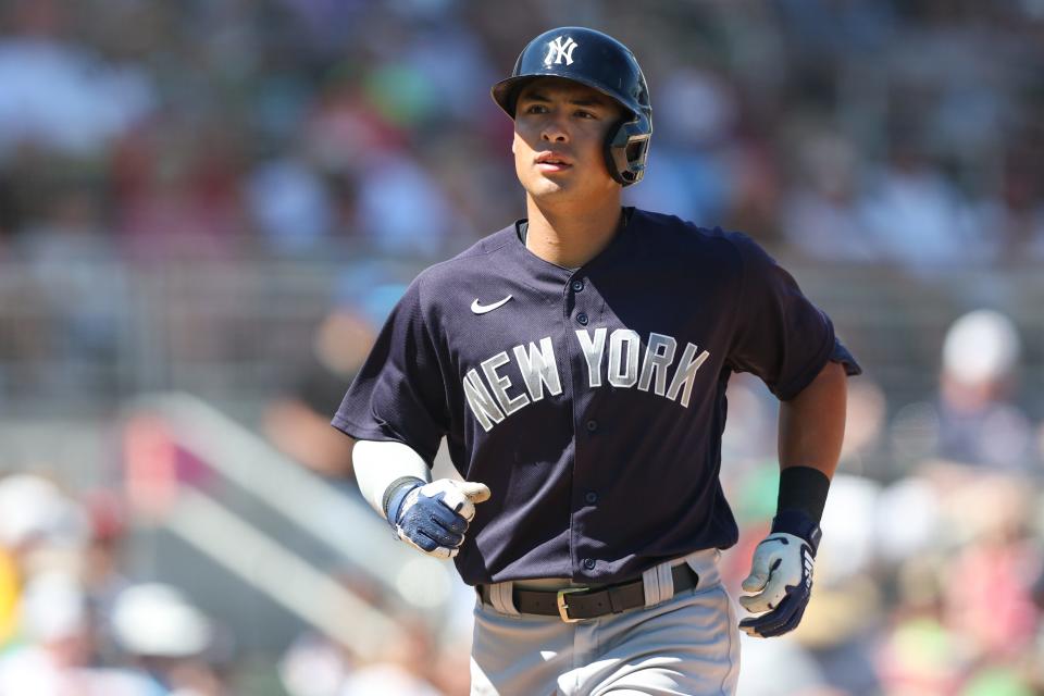 Mar 12, 2023; Fort Myers, Florida, USA;  New York Yankees shortstop Anthony Volpe (77) homers against the Boston Red Sox in the fifth inning during spring training at JetBlue Park at Fenway South. Mandatory Credit: Nathan Ray Seebeck-USA TODAY Sports