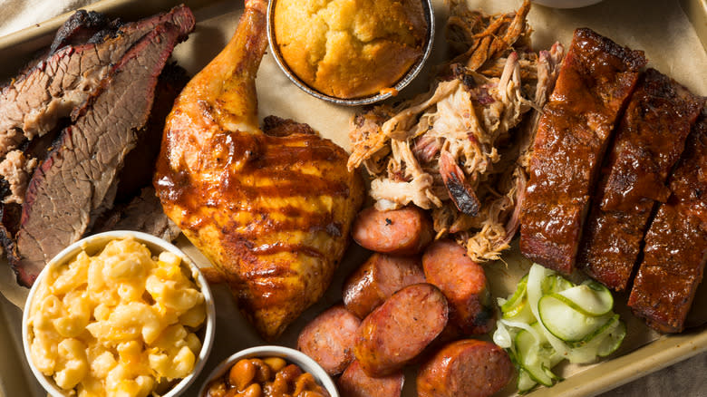 Platter of smoked barbecue meats and sides
