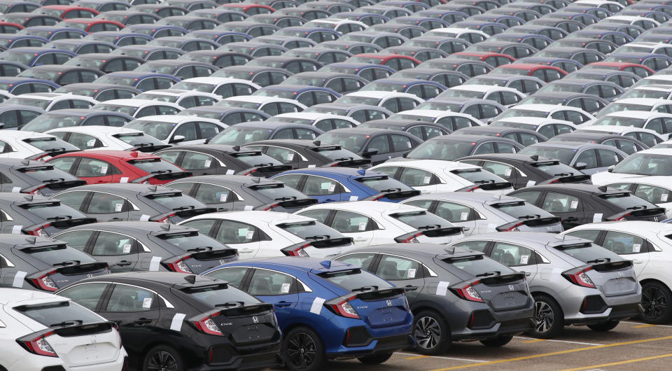 File photo dated 11/01/19 of Honda cars lined up at Southampton Docks. The number of new cars sold in the UK in March fell by 44% compared with last year, industry figures show.