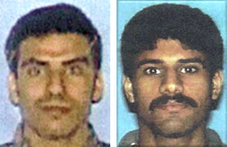 An aide to Crown Prince Abdullah denied on November 24, 2002 that the Saudi government had sent money to two of the Sept. 11 hijackers, Khalid al-Mihdhar (L) and Nawaf al-Hazmi. (FBI/Reuters)
