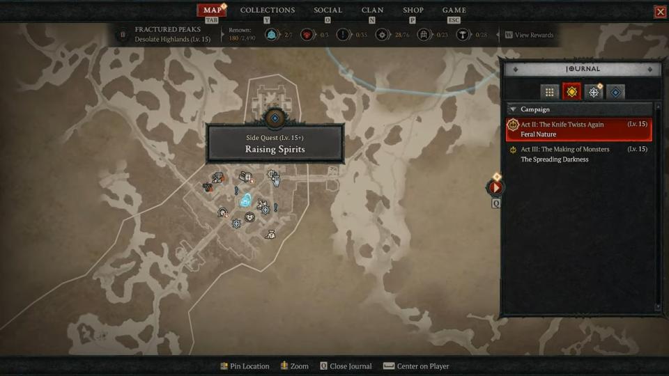 Map showing location of Raising Spirits quest in Diablo 4