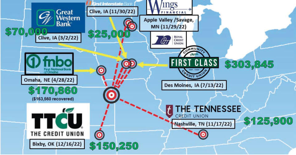 <div class="inline-image__caption"><p>A map included in the FBI’s affidavit showing various bank robberies, and attempted bank robberies, allegedly perpetrated by Babudar throughout 2022.</p></div> <div class="inline-image__credit">FBI</div>