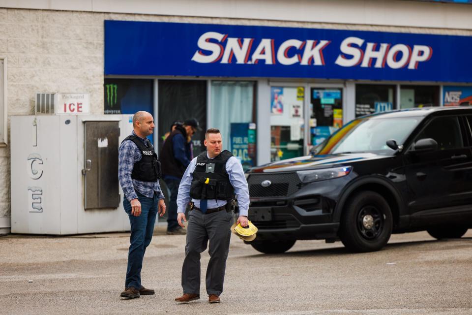 Police investigate the scene of a shooting at the Sunoco on the 400 block of Broadway, Friday, Feb. 2, 2024, in Hanover Borough.