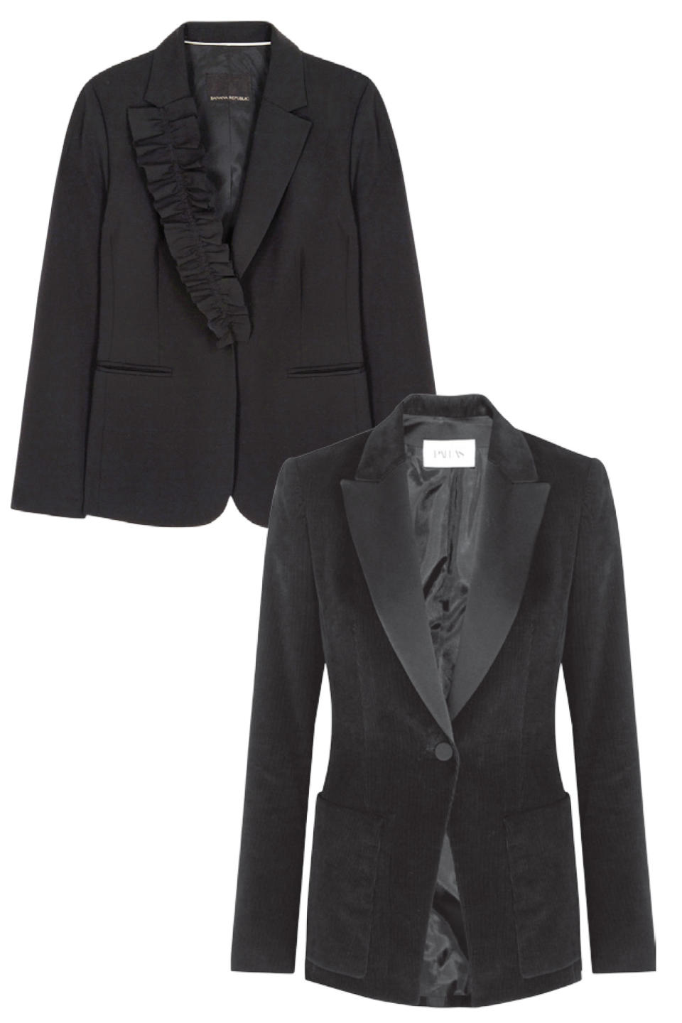 <p>Wool blazer, BANANA REPUBLIC, $228. </p><p>Corduroy jacket, PALLAS PARIS,$1,635.</p>