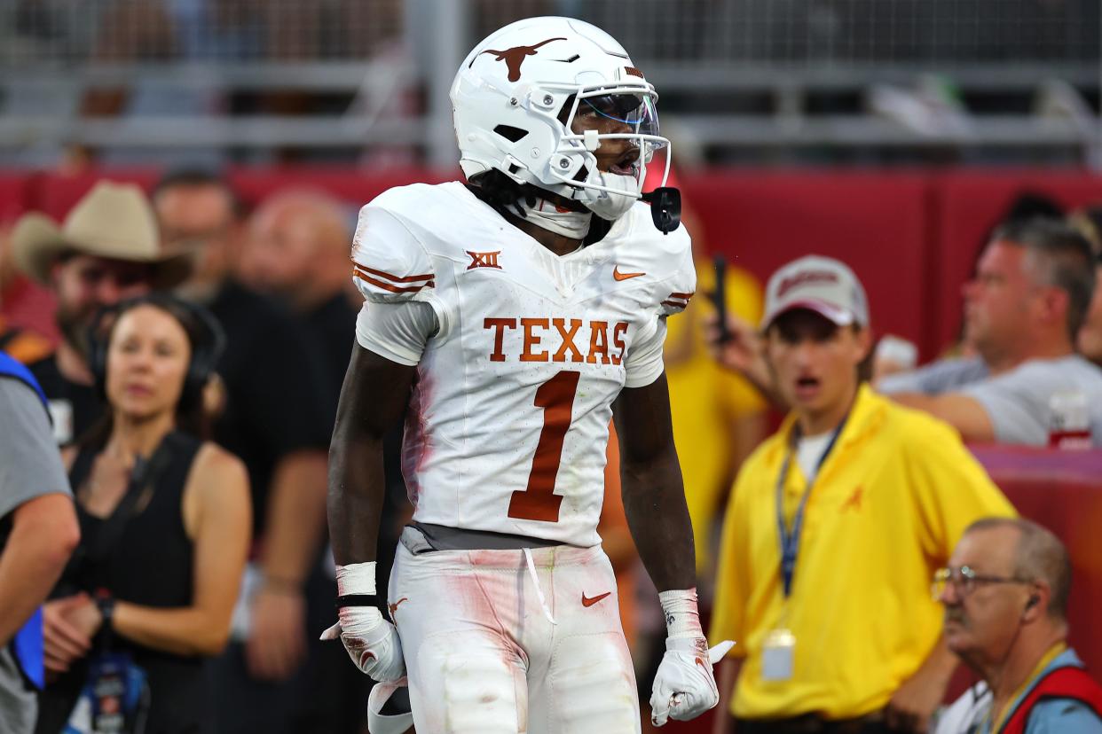 TUSCALOOSA, ALABAMA - SEPTEMBER 09: Xavier Worthy #1 of the Texas Longhorns celebrates after catching a pass for a touchdown during the second quarter against the Alabama Crimson Tide at Bryant-Denny Stadium on September 09, 2023 in Tuscaloosa, Alabama. (Photo by Kevin C. Cox/Getty Images)