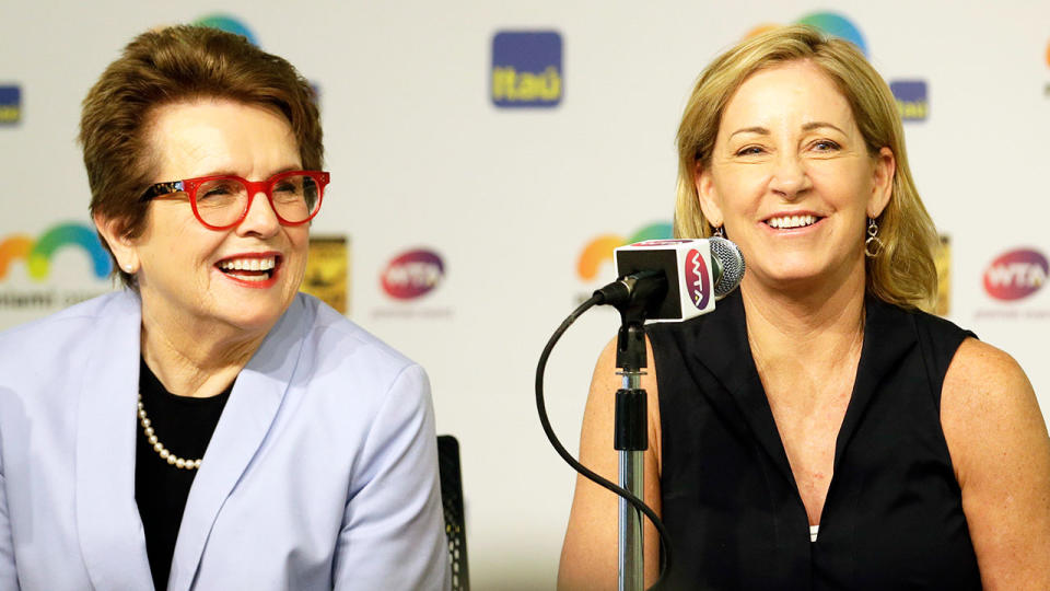 Pictured right, Chris Evert speaks at a press conference alongside fellow tennis great Billie Jean King. 