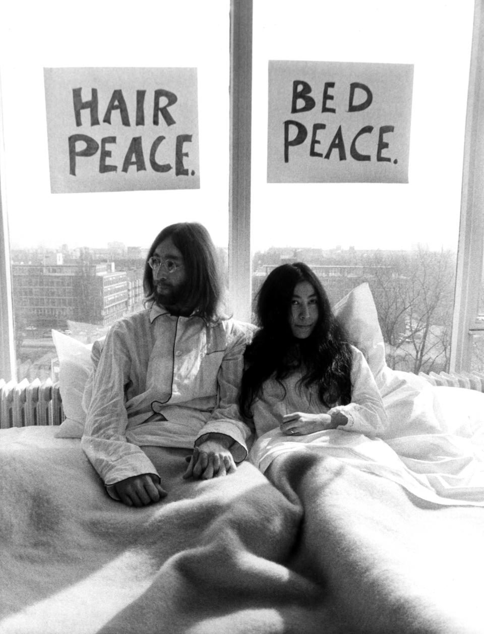 John Lennon and Yoko Ono at the “bed-in” in the Presidential Suite of the Hilton hotel in the Netherlands, March 26, 1969