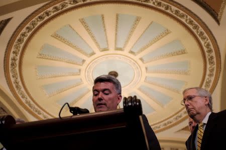 U.S. Senate Majority Leader Mitch McConnell (R-KY) looks on as Sen. Cory Gardner (R-CO) speaks to reporters about legislation to designate Russia as a state sponsor of terrorism at the Capitol as fallout continued over U.S. President Donald Trump's Helsinki summit with Russian President Vladimir Putin, in Washington, U.S., July 17, 2018. REUTERS/James Lawler Duggan