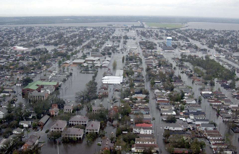 katrina floods streets and homes in an aerial view