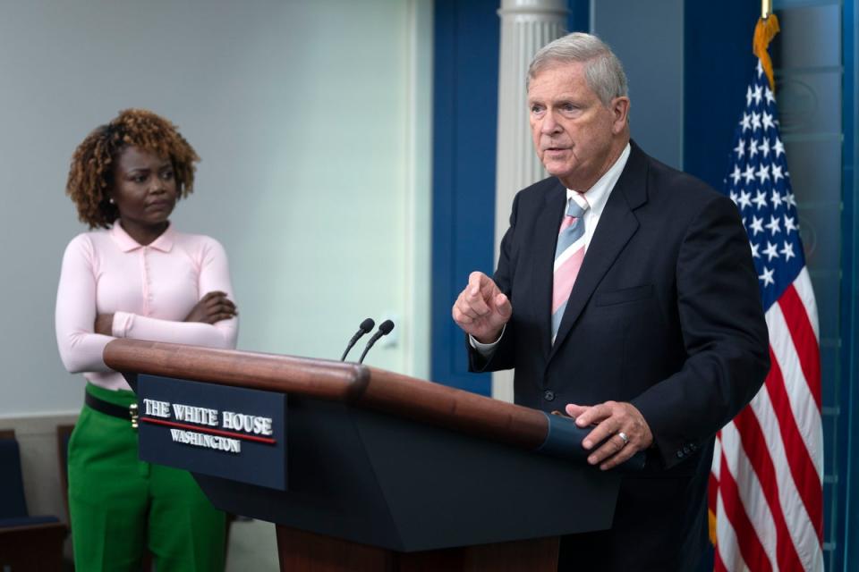 Agriculture Secretary Tom Vilsack speaks during a press briefing at the White House as White House press secretary Karine Jean-Pierre looks on (AP)