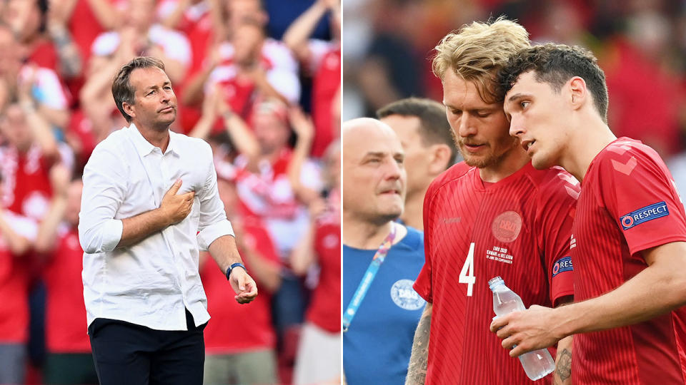 Seen here, Denmark's coach and players look downbeat after their loss to Belgium.