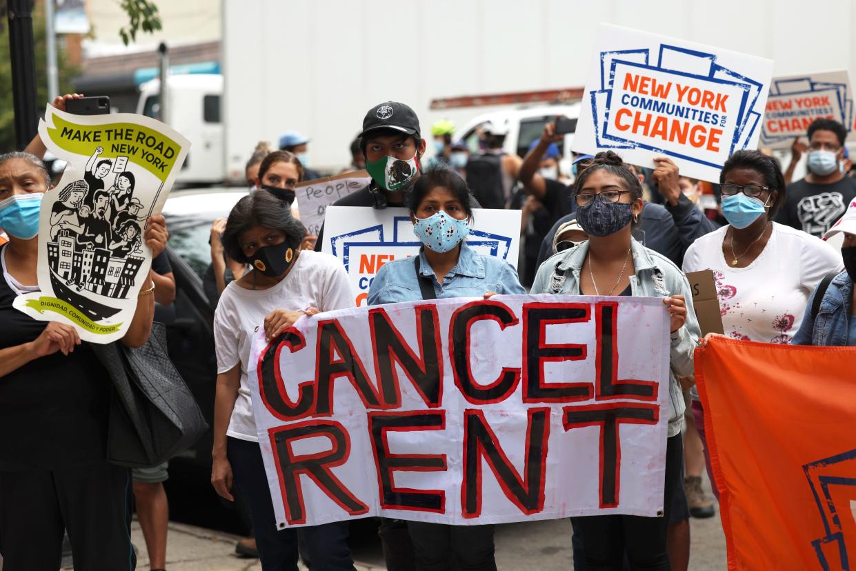 Demonstrators gather in front of a U.S. Marshall's office during a 'No Evictions, No Police' national day of action in September 2020 in New York City. 