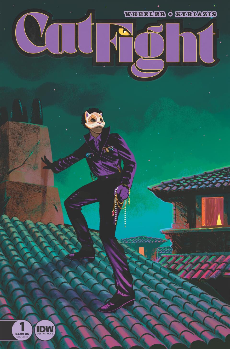 A woman in a cat mask on a rooftop.