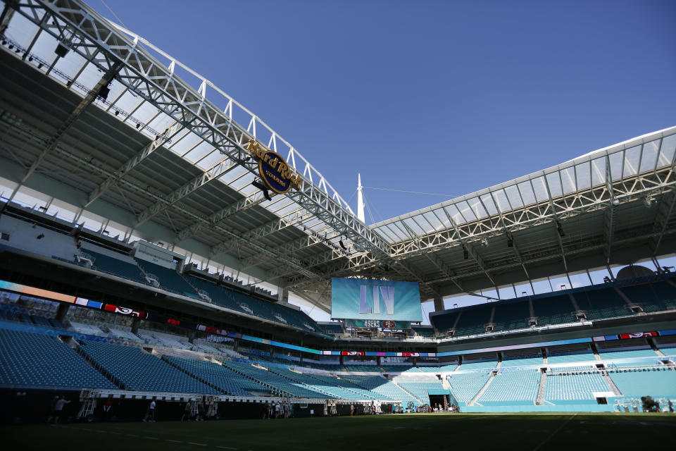 Preparations are underway during a tour of the Hard Rock Stadium on Tuesday, Jan. 21, 2020, ahead of the NFL Super Bowl LIV football game in Miami Gardens, Fla. (AP Photo/Brynn Anderson)