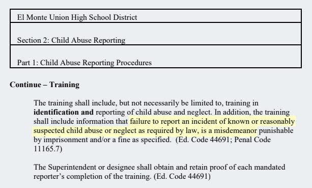 Mandated reporting consequences from EMUHSD