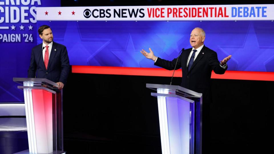 PHOTO: Democratic vice presidential nominee Minnesota Governor Tim Walz gestures as he speaks during a debate with Republican vice presidential nominee Sen. JD Vance in New York City, Oct. 1, 2024. (Chip Somodevilla/Getty Images)