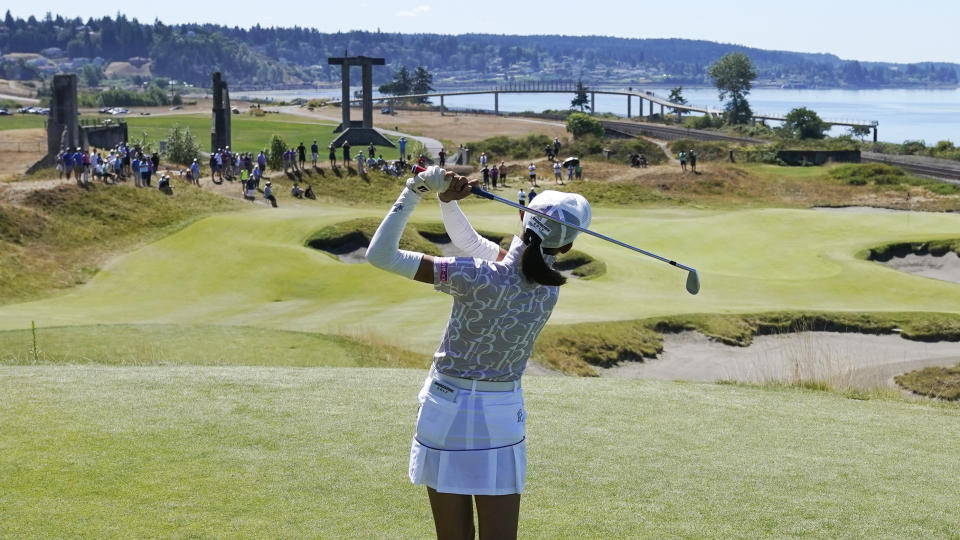 Saki Baba, of Japan, tees off on the 17th hole, Sunday, Aug. 14, 2022, during the final round of the USGA Women's Amateur Golf Championship at Chambers Bay in University Place, Wash. (AP Photo/Ted S. Warren)