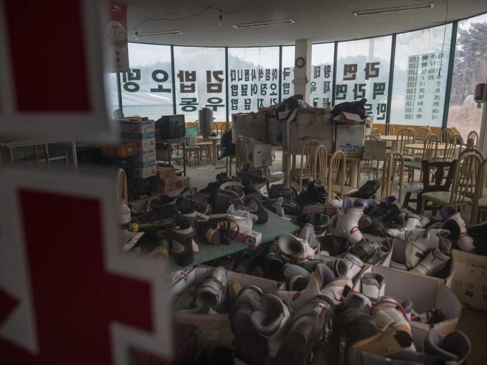 Ski boots piled up in a former restaurant (AFP/Getty)