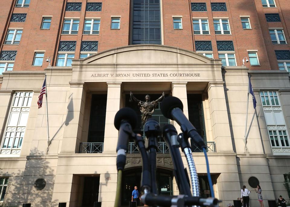 Microphones are setup in front of the Albert V. Bryan United States Courthouse on August 16, 2018 in Alexandria, Virginia.