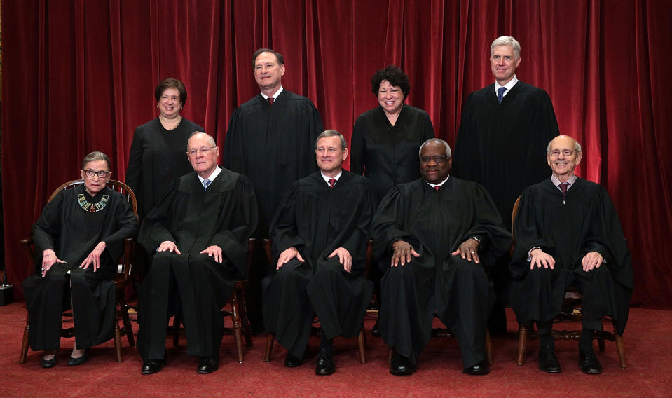The Roberts court: front row from left, Justices Ruth Bader Ginsburg, Anthony Kennedy, Chief Justice John Roberts, Clarence Thomas, and Stephen Breyer; back row from left, Justices Elena Kagan, Samuel Alito Jr., Sonia Sotomayor, and Neil Gorsuch on June 1, 2017. (Photo: Alex Wong/Getty Images)