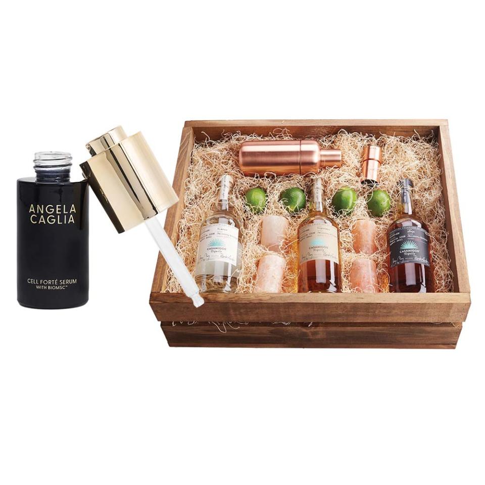 From left: Angela Caglia’s Cell Forté serum, $395, angelacaglia.com; Couture Gift’s Casamigos tequila crate, $300 ($340 with engraved lid), email sharon@shopcouturegift.com.