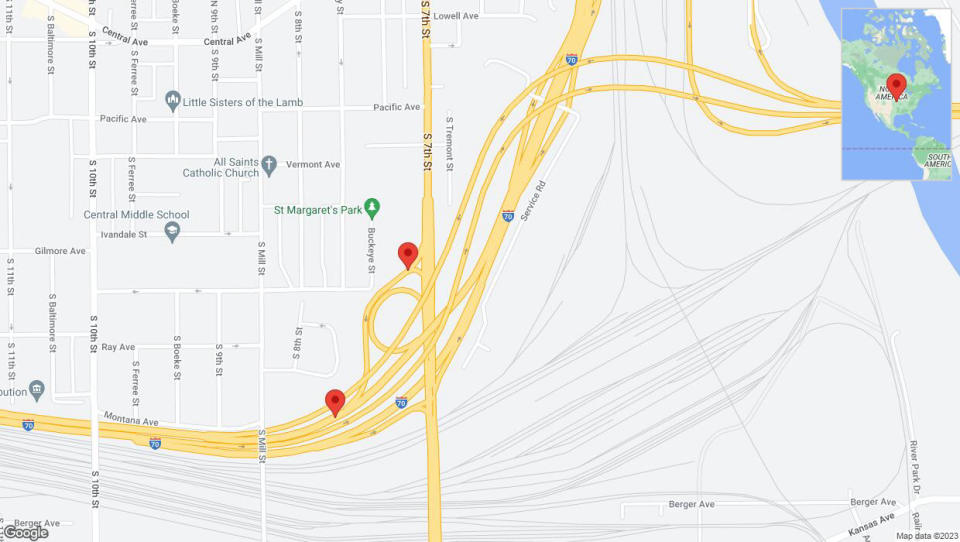 A detailed map that shows the affected road due to 'US-69 South temporarily closed in Kansas City' on October 15th at 11:52 p.m.