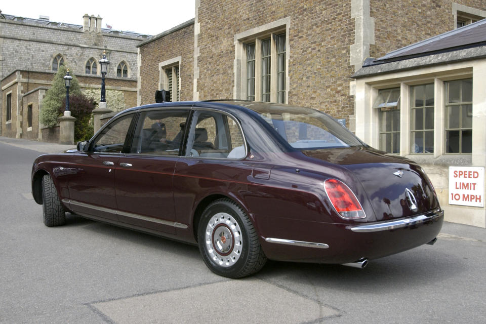 The new Bentley state limousine which is to be presented to Her Majesty. The Bentley is a Golden Jubilee gift to The Queen by a British based consortium of automotive manufacturing and service companies. The new addition is painted in claret livery below the waist rails and black above, and like other of The Queen's official cars, has no registration plate