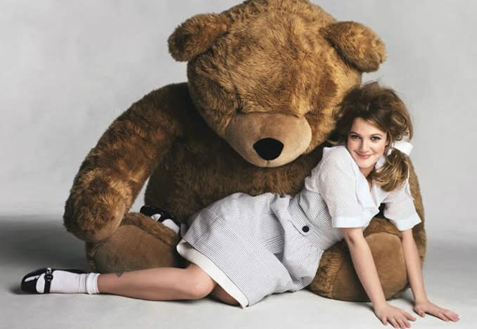 "I'm just a baby-wabie lady with a big bow in my hair laying across the lap of my favorite giant bear who I hope doesn't spank me because I'm naughty!"