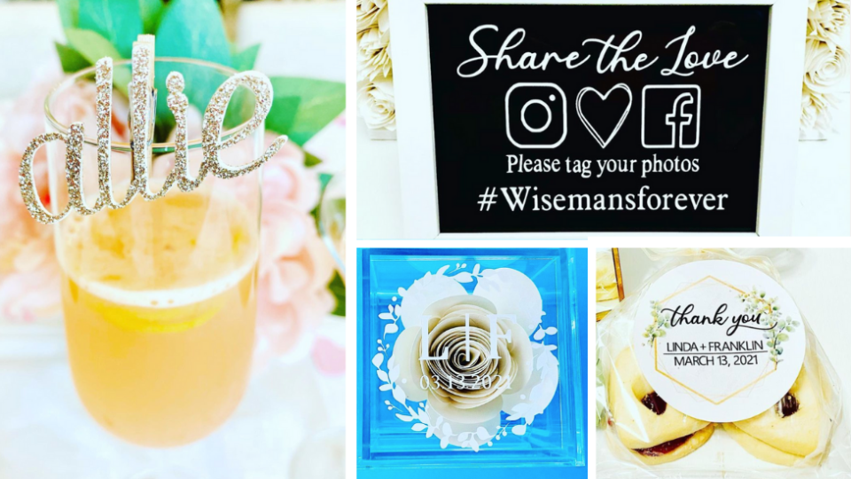 a glass with a name clip, a social media wedding sign, wedding bomboniere and a monogrammed ring box