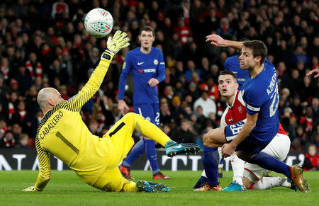 Soccer Football - Carabao Cup Semi Final Second Leg - Arsenal vs Chelsea - Emirates Stadium, London, Britain - January 24, 2018 Arsenal's Granit Xhaka scores their second goal Action Images via Reuters/John Sibley