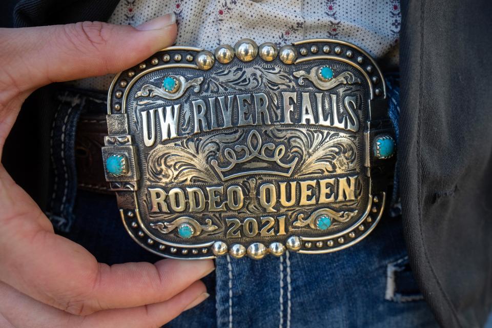 Isabella Mikolainis, the 2021 UW-River Falls Rodeo Queen, proudly wore her belt buckle during the 2023 event.