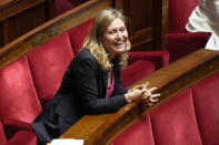 FILE - Yaël Braun-Pivet, a member of the centrist alliance Ensemble (Together) smiles at the National Assembly, Tuesday, June 28, 2022 in Paris. Yaël Braun-Pivet, France's parliament speaker on Thursday Sept.22, 2022 released the first public accounting of harassment complaints at the National Assembly, amid gradual but growing efforts to tackle sexual and sexist abuse in French society. (AP Photo/Michel Euler, File)